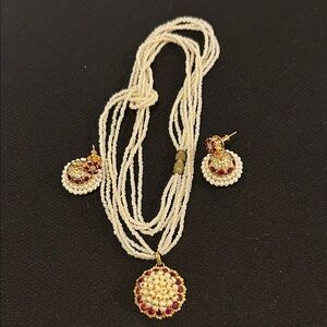 Elegant Pearl and Red Stone Jewelry Set